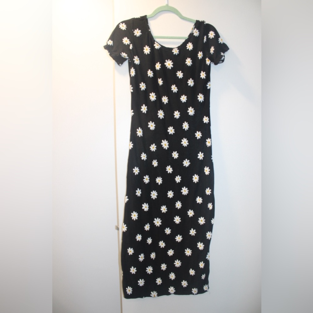 Handmade Black Daisy Print Swing Dress | Size Small | High-Low Hem